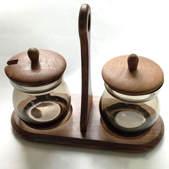 VTG MCM Betula Wood Teak Condiment Set Smoky Glass 2 Jam Jars with Tray England - Picture 2 of 8